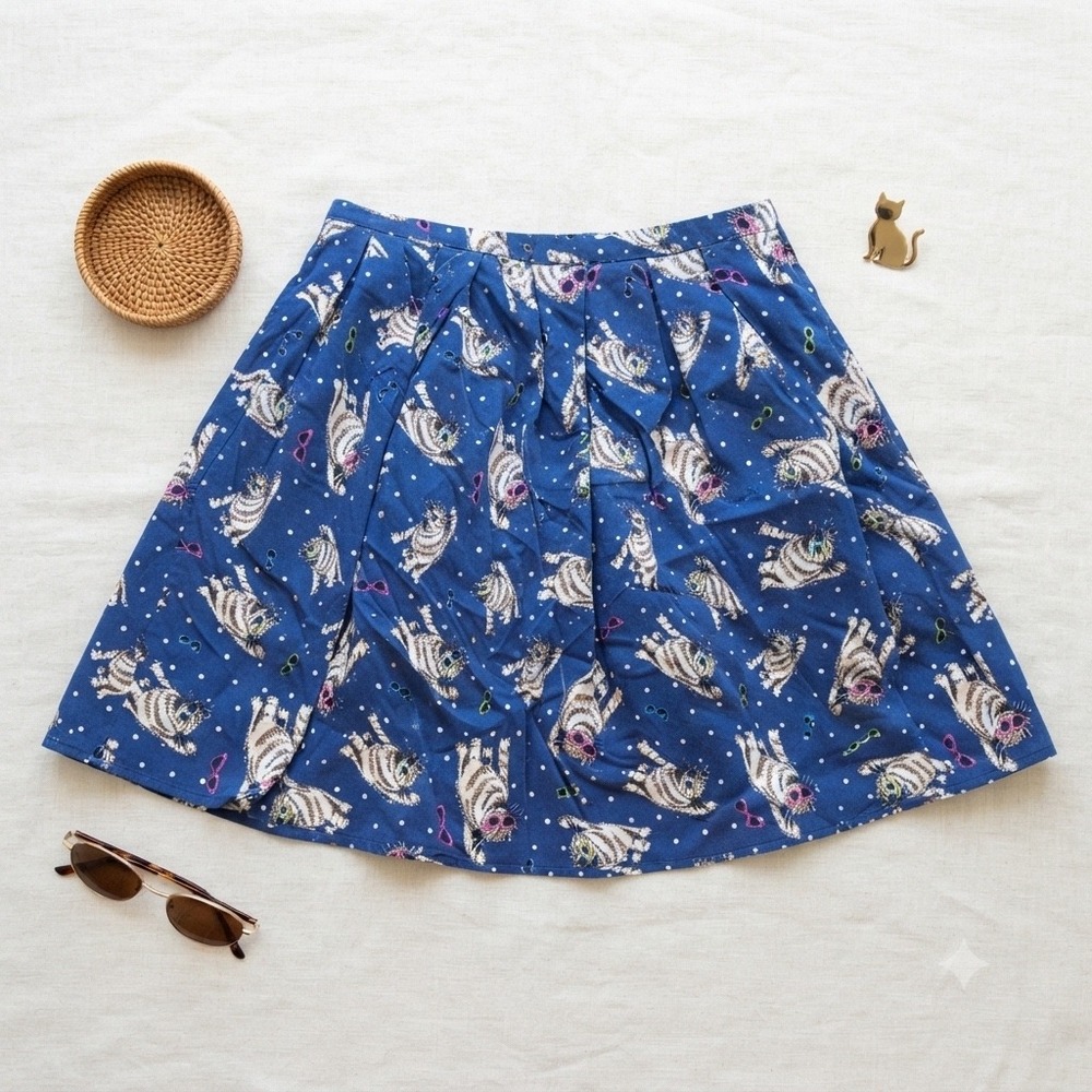 Cat Print Skirt Women XL Blue Polka Dot Sunglasses Pleated A-Line Fun